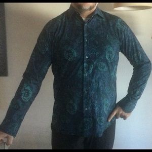 BUGATCHI ABSTRACT PRINT BLUE COTTON SHIRT EUC SZ LG